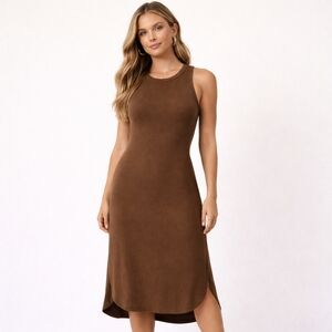Mod Ref Rust Brown Micro Ribbed High Low Midi Dress Keyhole Back Minimalist Sz L